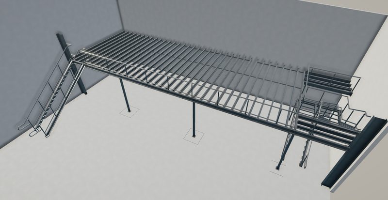 Mezzanine steel structure detailing render 1