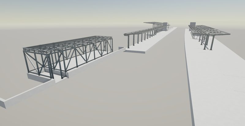 Train station canopy and bicycle shelter steel detailing render 1